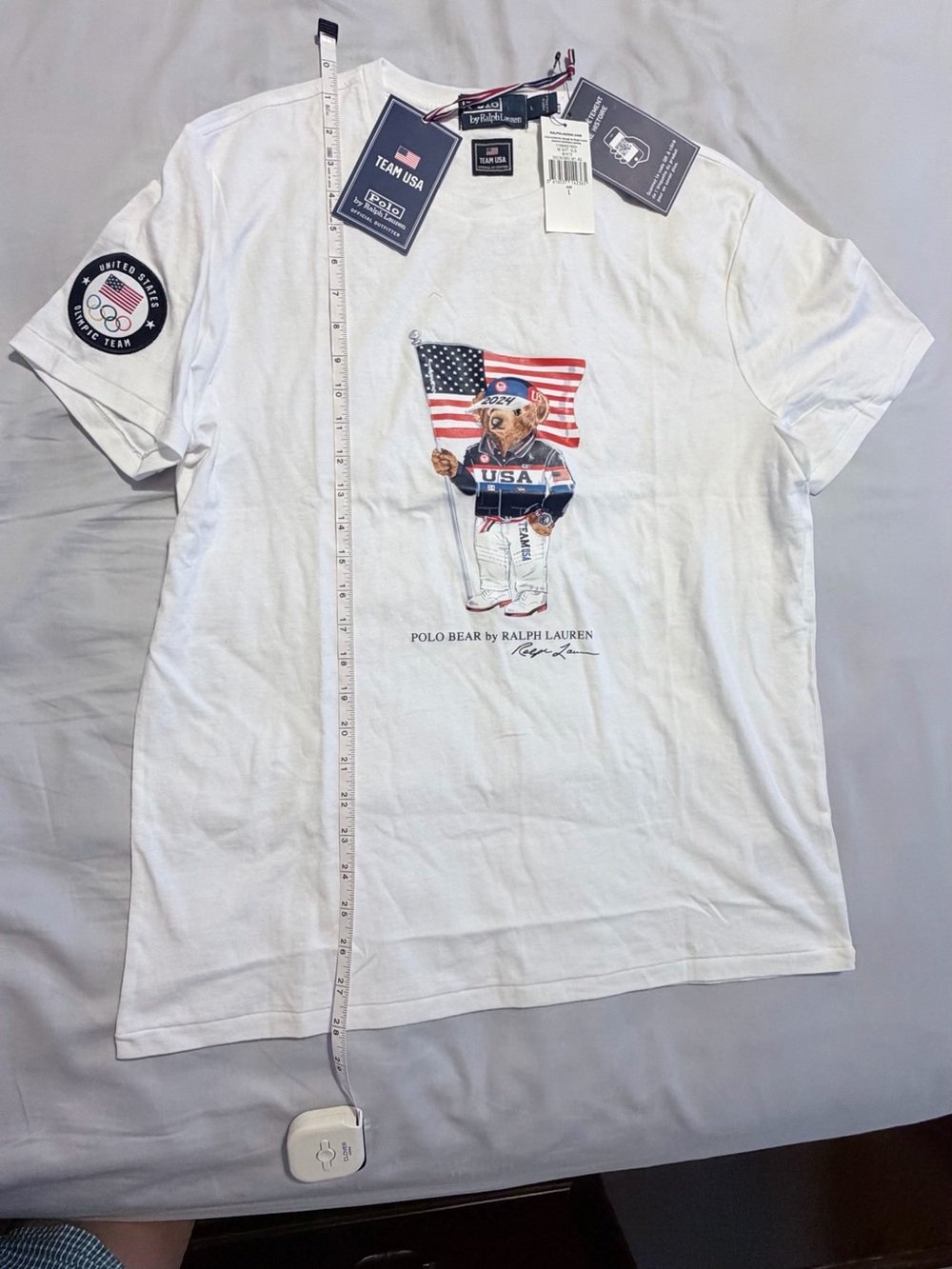 Ralph Lauren White Short-Sleeve Tee with USA Polo Bear Graphic